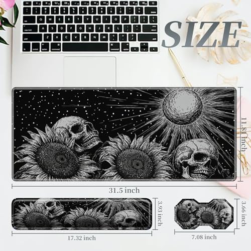 3Pcs Mouse Pad Set, Gothic Skull Sunflowers Large Gaming Mouse Pad with Stitched Edge, Ergonomic Memory Foam Keyboard Wrist Support and Mouse Wrist Rest Cushion, Pain Relief Non-Slip Desk Pad Combo - Image 2
