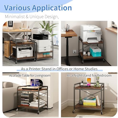 Under Desk Printer Stand with Power Outlet, Adjustable Shelf,Rustic Brown - Image 5