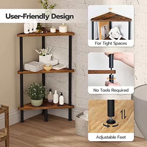 HOOBRO Corner Shelf Stand, Industrial 3-Tier Corner Bookshelf with Metal Frame, Plant Display Shelf, Small Bookcase for Small Spaces, Living Room, Rustic Brown and Black BF30CJ01 - Image 5