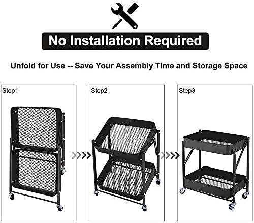 Melody House 2-Tier Metal Folding Rolling Cart, Mobile Utility Cart Trolley Storage Organizer for Office Home Kitchen Organization, Sofa Side End Table with Wheels, Black - Image 2
