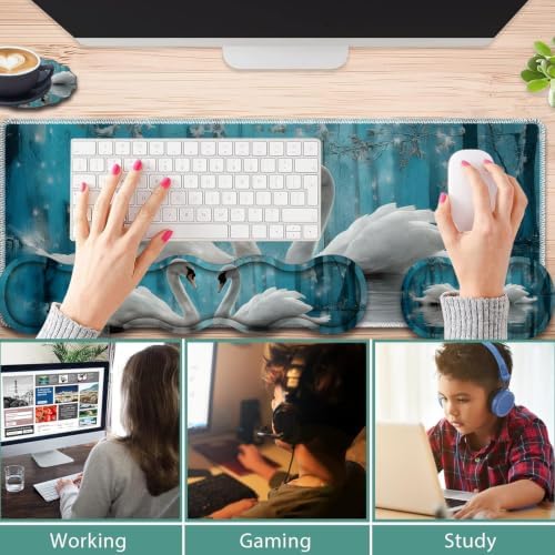 31.5"x 11.8" Oversized Gaming Mouse Pad Set, Ergonomic Keyboard and Mouse Wrist Rest + Cup Holder, Non-Slip Desktop Pad, Suitable for Home and Office Use, Two Swans - Image 3
