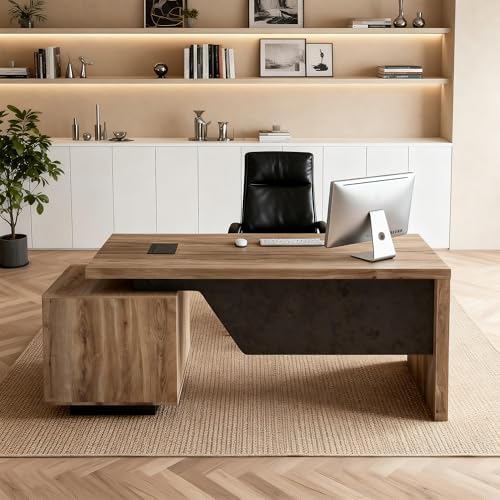 63“ Executive Office Desk with File Drawer, Modern Professional Desk with Cable Management Box, Office Desk with Storage Cabinet & Privacy Panel, 1.8” Thick Desktop for Home Office (Mahogany, Right) - Image 4