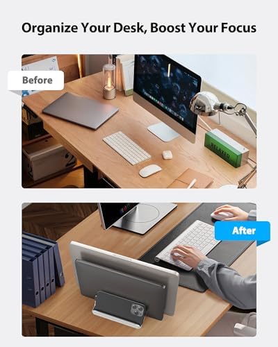 AboveTEK Vertical Laptop Stand, 3 Slots Aluminum Desk Laptop Holder & Laptop Docking Station Stand for MacBook, Tablet, Phone - Universal Fit (Up to 17.3") - Heavy Duty Polished, Anti Slide - Silver - Image 5