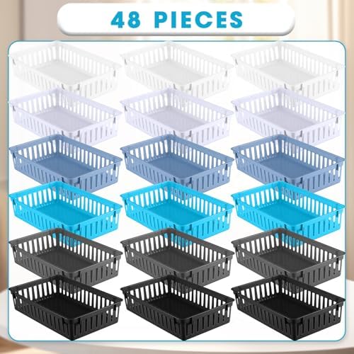 Boao 48 Pieces Plastic Baskets for Organizing 10.24 x 6.5 x 2.36 Inch Rectangular Storage Trays Plastic Organizer Bins Rectangle for Classroom Organization(Mixed Colors) - Image 2
