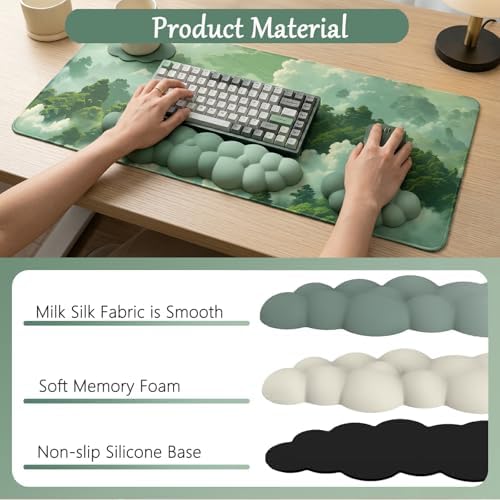 Green Cloud Mouse Pad and Keyboard Wrist Rest 4PCS Extended Forest Mountain Aesthetic Large Desk Mat Pad Set Memory Foam Non-Slip Cute Ergonomic Gaming Mouse Pad Wrist Support for Computer Home Office - Image 5