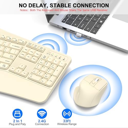 Wireless Keyboard and Mouse Combo, 2.4G Ergonomic Wave Keys (Latte) - Image 5