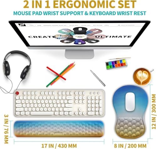 Hokafenle 2 in 1 Ergonomic Mouse Pad Wrist Support & Wrist Rest for Computer Keyboard Set, with Relieve Carpal Tunnel Pain Massage Bulge and Full Memory Gel Design (2In1 Set, Morning Sky) - Image 2