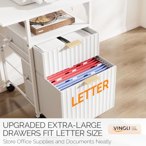 VINGLI 2 Drawer File Cabinet with 24'' Extended Desktop, Fluted Filing Cabinet Mobile Under Desk File Cabinet with Wheels, Fabric Drawers Printer Stand for Home Office, Fits Letter Size, White - Image 4