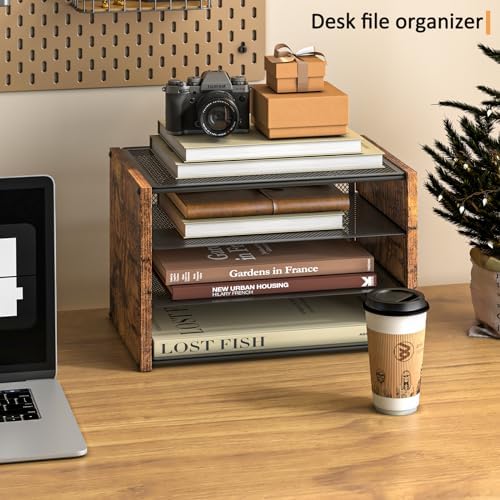 DAOUTIME 3-Tier Paper Letter Tray, Wooden Desk File Organizer, Stackable Metal Mesh Desk Organizer for Office Supplies. Small Paper Trays for Home Office School, Rustic Brown - Image 5