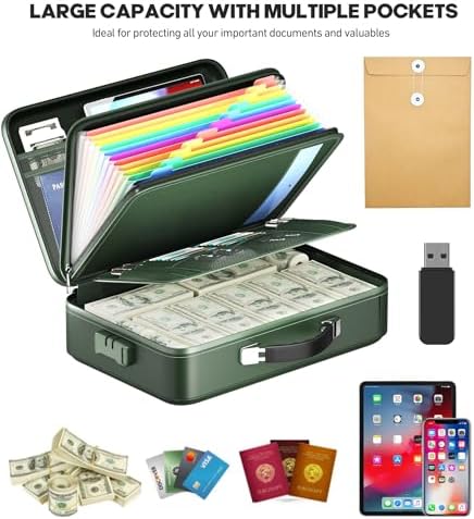 Fireproof Document Box, Hard Case Highly Flame-Resistant Fire Proof Waterproof File Organizer with Lock, Portable Fire Safe for Important Documents & Valuables Storage (Green, ‎16"*12"*5") - Image 3