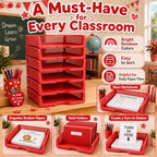 6 Pcs Red Turn in Trays Classroom, Stackable Paper Bins for Classroom, 13x9x2.8 inch Plastic Baskets Desktop Organization System Office (Red) - Image 5