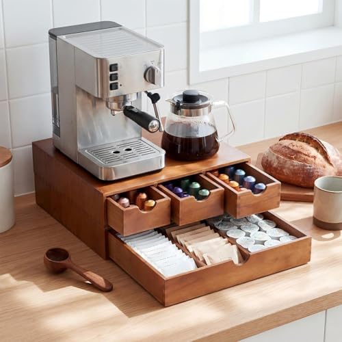 Wooden Pod Holder Drawer Coffee Tea Box, Quadruple, Wood color - Image 6