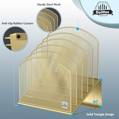 Delifox Inclined Desk File Organizer,Vertical File Folder Holder Stand Metal Rack File Sorter for Office Classroom Desktop Organization (2, Gold, 5) - Image 3