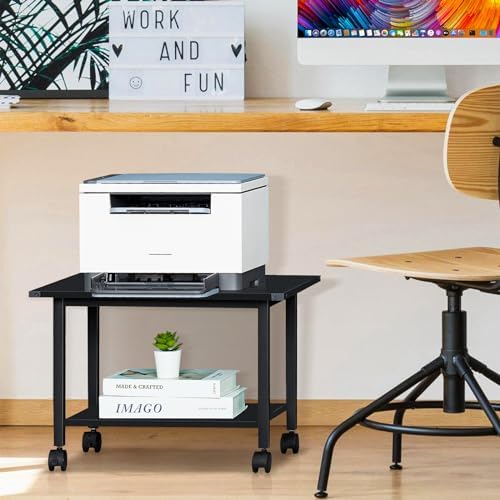 Lerliuo Under Desk Printer Stand, 2-Tier Industrial Mobile Printer Table with Storage Shelf and Steel Frame, Rolling Printer Cart Holder with Lockable Wheels for Home, Office (Black) - Image 6