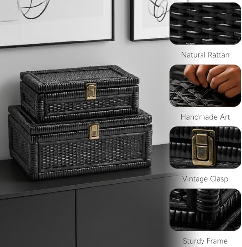 2PCS Rattan Box with Lid Decorative Natural Handmade Boho Basket - Image 3