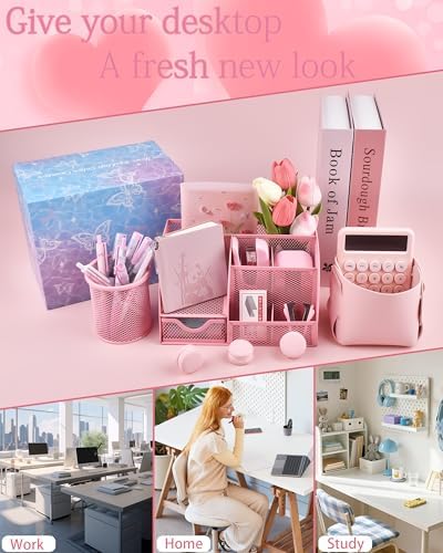23pc Pink Desk Accessories and Organizers with Mesh Organizer Stapler Tape Dispenser Calculator and a Lot of Office Pink Office Supplies Beautifully Presented in a Gift Box - Image 7