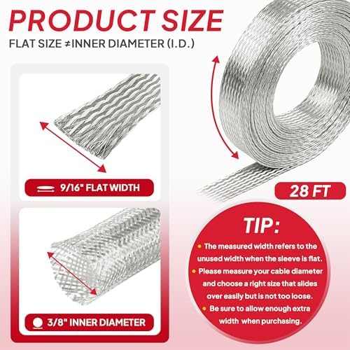 Tinned Copper Braid Cable Wire Shielding Sleeve Ground Straps Protection Flat Metal Mesh Flexible Expandable (9/16 in Wide(0.36 in Dia)-28ft) - Image 3