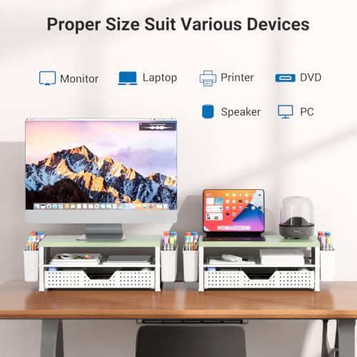Wood Metal Monitor Stand Riser, Laptop Stand for Desk, Office Desk Organizer and Accessories, Computer Desktop Shelf with Drawer and Pen Holder, Printer Stand for Home, Office, Dorm (Green Wood) - Image 3