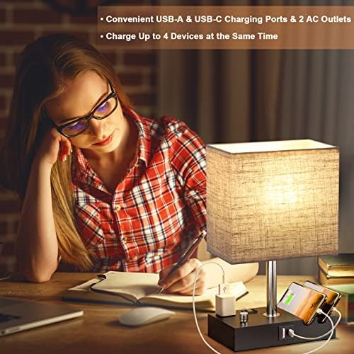 Beige Table Lamp for Bedroom - Stepless Dimmable, USB C+A, 2 AC Outlets - Image 5