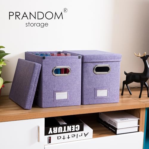 PRANDOM File Organizer Box - Set of 4 Collapsible Decorative Linen Filing Storage Hanging File Folders with Lids Office Cabinet Letter Size Purple (14x9.3x10.8 inch) - Image 2