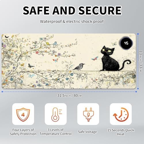 Heated Mouse Pad Hand Warmer, Warm Desk Pad Mousepad Desk Mat with 3 Levels Heating and Auto Shut Down 31.5 x 13 inch PU Leather Warmer Keyboard Mat for Gaming Laptop Office Home, Cute Black Cat - Image 2