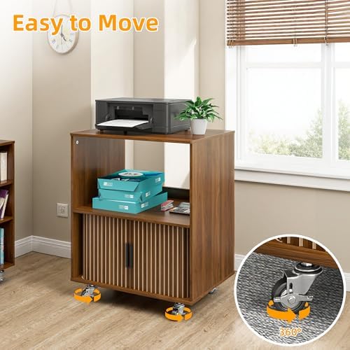 3-Tier Printer Stand, Fluted Rolling Printer Table with Storage, Walnut - Image 3