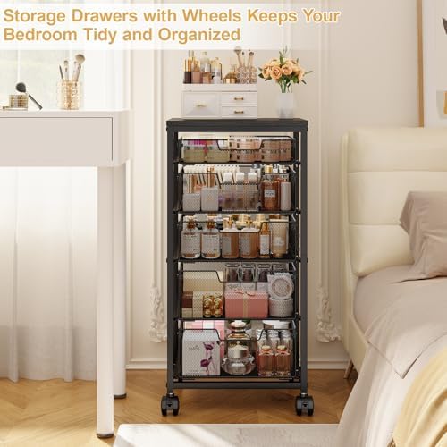 Sbanmao 5 Drawers Rolling Utility Cart, Rolling Storage Cart with Wooden Tabletop and Lockable Wheels, Storage Drawer Cart with Drawers, Craft Cart for Bedroom, Classroom, Home, Office,Black - Image 3