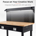 60" Adjustable Work Bench with Drawers, Workbench for Garage with Strip Light, Work Table with Large Pegboard, 2000 LBS Heavy Duty Table with Power Outlet Rubber Wood for Office, Workshop - Image 3