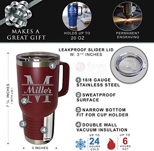 The Wedding Party Store Custom Personalized 20 oz Stainless Steel Powder Coated Vacuum Insulated Double Walled Travel Tumbler Coffee Mug with Handle and Lid (Maroon) - Image 3