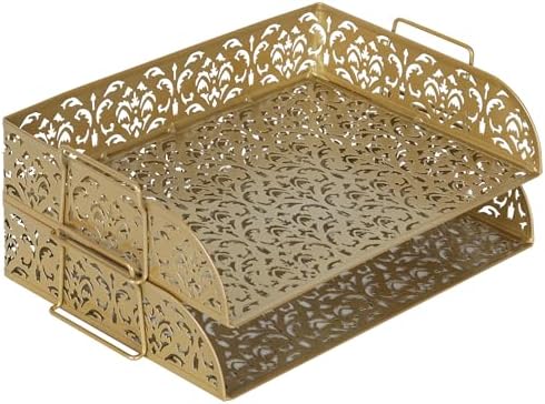 EasyPAG Paper Organizer for Desk 2 Tier Stackable Paper Tray for A4 Legal Size Folders Metal File Storage Desktop Organizer for Home Office School Teacher, Gold - Image 2