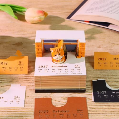 3D Calendar 2027, 3D Memo Pad Art Sticky Notes, Time Piece Calendar 2027, Creative Weekly Notepad with Light, Paper Carving Art Desktop Gift for Christmas Birthday Anniversaries (Orange Cat 2027) - Image 2