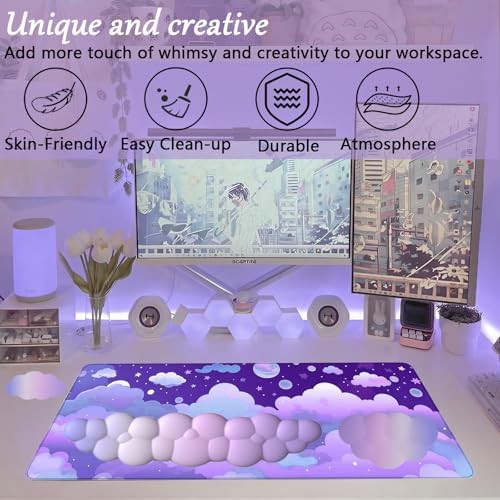Purple Cloud Mouse Pad Cloud Keyboard Wrist Rest for Computer Keyboard Extended Large Desk Mat Pad Set 4PCS Memory Foam Non-Slip Ergonomic Cute Gaming Mouse Pads Wrist Support for Laptop Home Office - Image 2