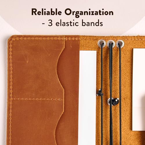 Pocket Size Leather Notebook Cover – Compact Refillable Journal Cover with 3 Elastic Bands, Card Slots, Pen Loop & Inner Pockets, Fits 4" x 5.1" Inserts (Paper Not Included), Warm Brown - Image 4