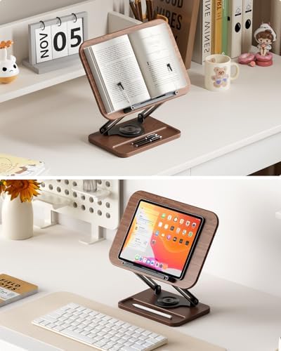 Viozon Book Stand for Reading, Book Holder 360° Rotating Base with Pen Slot, Foldable Reading Display Stand with Elastic Page Clips for Cookbook, Recipe, Textbook, Tablet, Laptop - Image 2