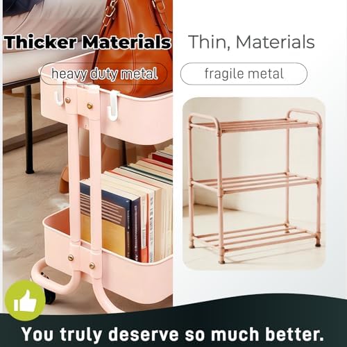 2 Tier Rolling Cart with Wheels for Under Desk Storage, Pink Small Rolling Pantry Storage Cart for Small Space, Metal Short Utility Shelf for Vanity Kitchen Bathrrom Laundry Organization - Image 4