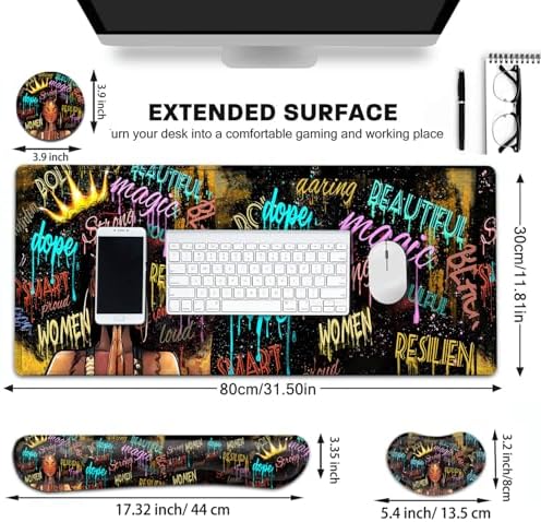 Large Gaming Mouse Pad+ Keyboard Wrist Rest Set, Ergonomics Memory Foam Mouse Mat Wrist Rest Support, Waterproof Extended Mousepad 31.5x11.8in, African American Black Women Graffiti Girl Desk Pad - Image 6