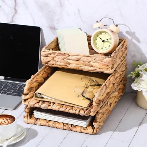 Geelin 3 Pack Water Hyacinth Woven Stackable Letter Paper Tray, Primary - Image 6