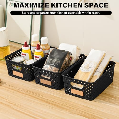 12 Pack Plastic Storage Baskets for Organizing, Storage Baskets for Shelves with Handles, Small Storage Bins with Labels, Classroom Storage Organization for Cabinet,Closet, Office,Black - Image 5