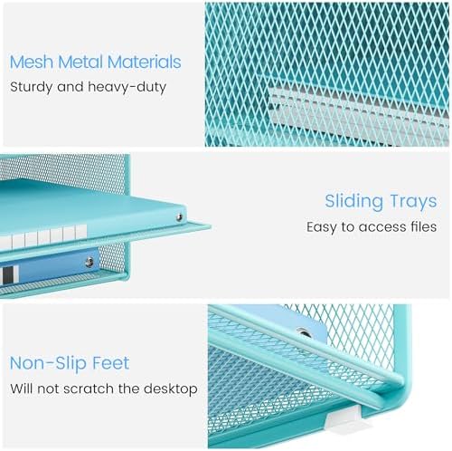 Lavatino Desk Paper File Organizer - Metal Mesh with 2 Letter Trays, 7 Flexible Dividers, 2 Vertical File Folder Holders for Office/Home/Classroom Supplies, Desk Organizers and Accessories, Blue - Image 7