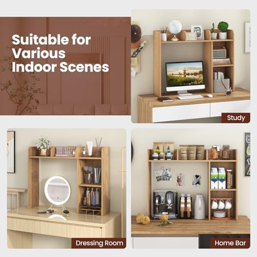 BECOMFORT Desk Hutch, Desk Organizer Shelf w/ 5 Storage Compartments, up to 27” Monitor, Wooden Display Rack, Desktop Bookshelf for Vanity Dressing Tabletop College Dorm Home & Office - Image 7