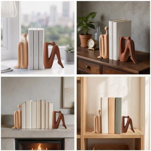 Decorative Ceramic Bookends,Thinker Statue Abstract Decor Book Holders,Matte Ceramic Sculpture Abstract Book Ends,Double Duty Decor Bookends, Modern Home Office Cream Beige & Brown - Image 4
