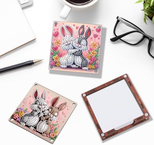 4pcs Cute Animal Diamond Art Painting Note Box for Adults, Wooden DIY Sticky Notes Holder Kit with 480 Blank Notepads, Multi-Purpose Desk Organizer for Home Office, Study Thoughtful Gift - Image 4
