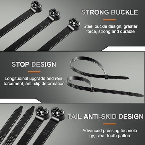 Blulu 13 Inch 200 Pcs Black Cable Ties with Metal Tooth Self Locking - Image 3