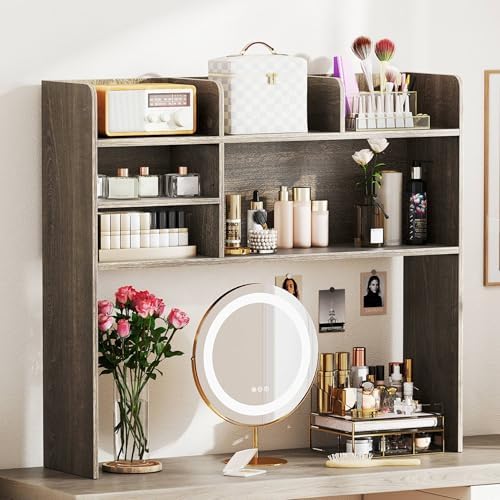 Tangkula Desktop Bookshelf for Computer Up to 32”, 37” Countertop Storage Hutch with 6 Storage Shelves, 3-Tier Desktop Organizer Display Rack, Wooden Desk Hutch for Dorm Home Office (Grey,6 Shelves) - Image 4