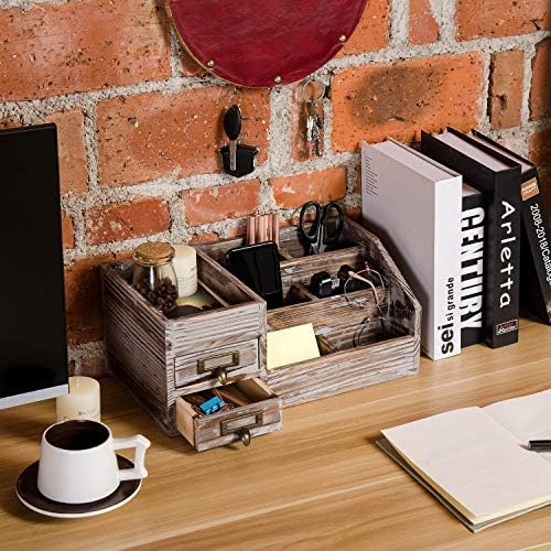 Liry Products Rustic Torched Wooden Desktop Organizer Dark Brown Tabletop Storage Cabinet Stepped Rack Multiple Compartments 2 Tier Drawers Makeup Accessory Sorter Display Box Home Office Supplies - Image 5