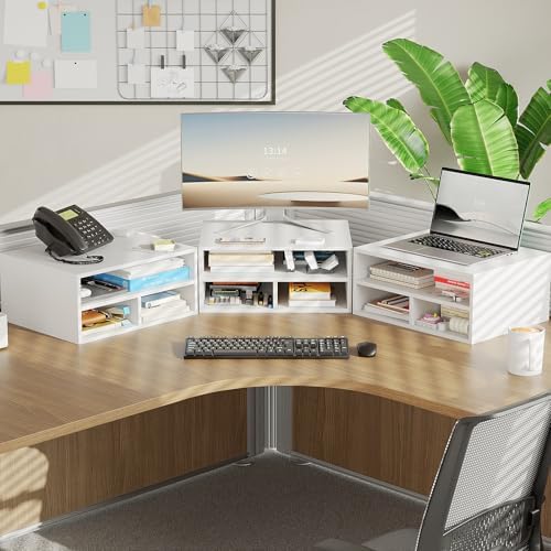 ALISENED Printer Stand for Desk, 2-Tier Wooden Desk Organizer, White - Image 2