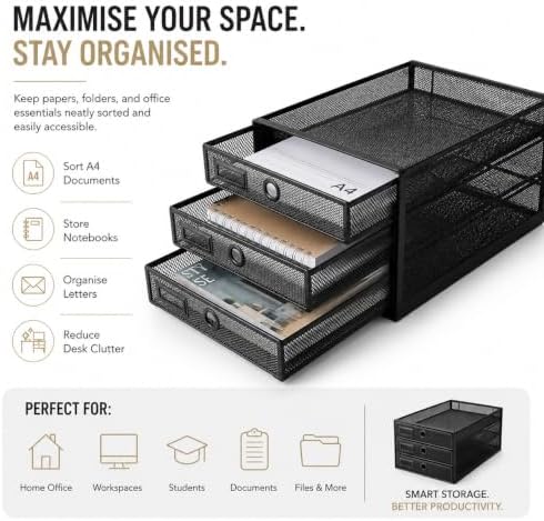 EXERZ Paper Sorter 3 Tier Drawers A4 / Multifunctional Desk Organiser/Letter Tray - Documents, Magazines, Notebooks and Letters - Image 4