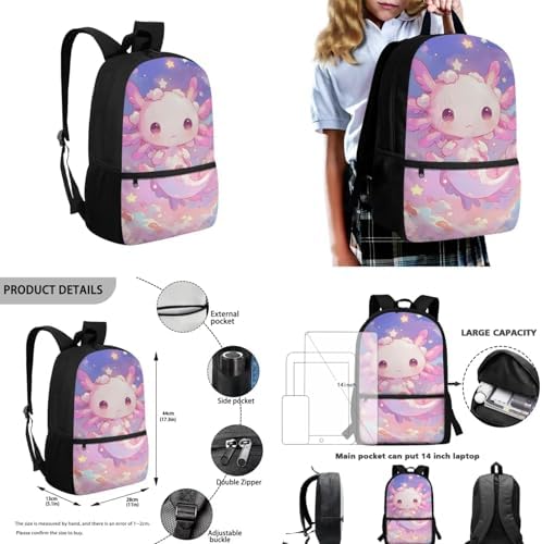 Teen's Backpack 4Pcs, Teen's Aesthetic Travel Daypack Set of 4 Include Lunch Box Pencil Case Cup Sleeve Large Capacity & Portable Daypack 4Pcs Pink Axolotl Print - Image 3