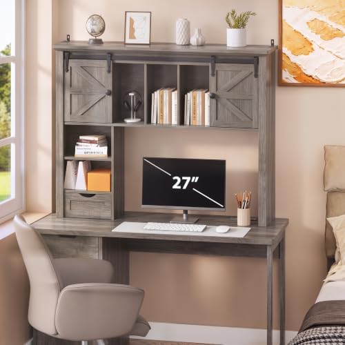 Large Desktop Bookshelf with Sliding Barn Door, 47.2''W Desk Shelf - Image 7