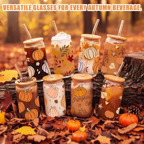 12 Pcs Fall Glass Cups with Lids and Straws 16 oz Autumn Pumpkin Leaves Coffee Tumblers Cozy Fall Drinking Cups Aesthetic Thanksgiving Gifts Bulk for Women Her Adults Party Favors - Image 6